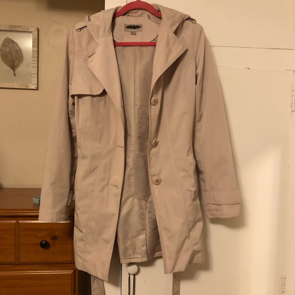 Khaki Trench Coat with Hood & Waist Tie